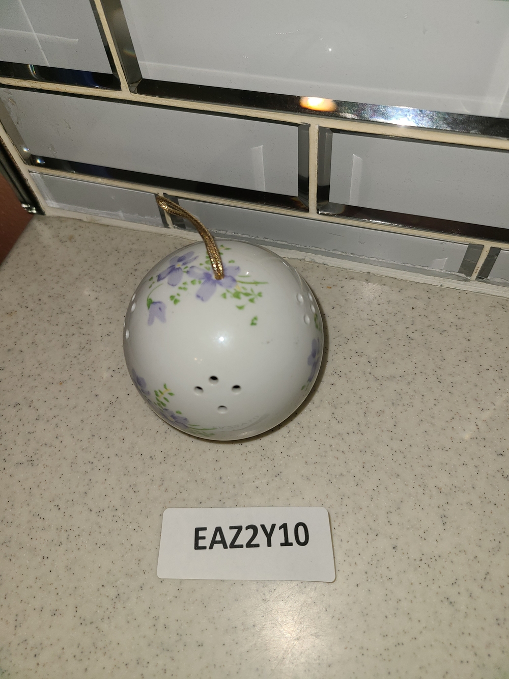 Vintage White Ceramic Ornament with Purple Floral Motif and Gold Cord